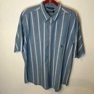 Nautica Mens Vintage Short Sleeve Blue White Stripe Button Up Size XL